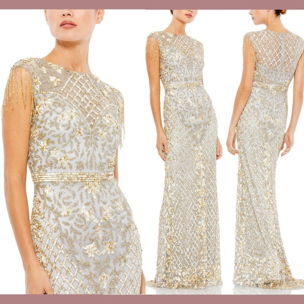 NEW $598 Mac Duggal [ 14 ] High Neck Sleeveless Beaded Fringe Gown Platinum S921